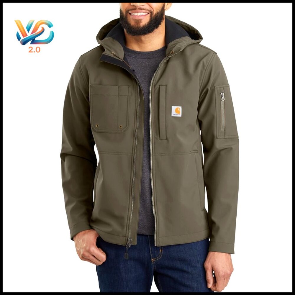 Men's Relaxed Fit Hooded Softshell Work Jacket Water Resistant